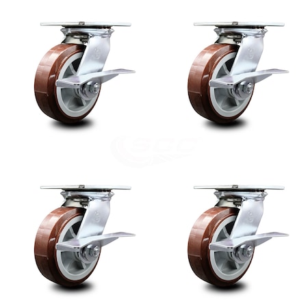 Service Caster 6 Inch Heavy Duty Polyurethane Caster Set with Ball Bearings and Brakes SCC SCC-35S620-PPUB-SLB-4